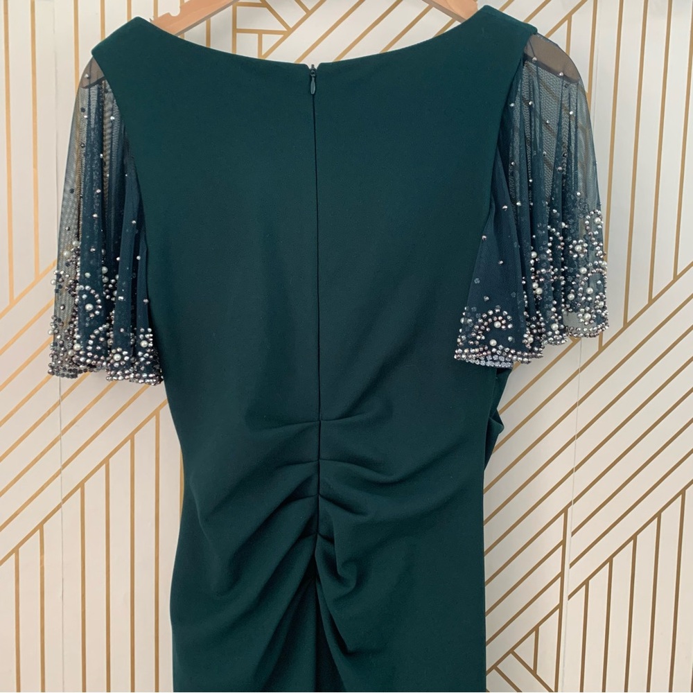 BETSY & ADAM Beaded Flutter-Sleeve Ruched Gown Square Neckline in Pine Green 8 - Picture 10 of 13